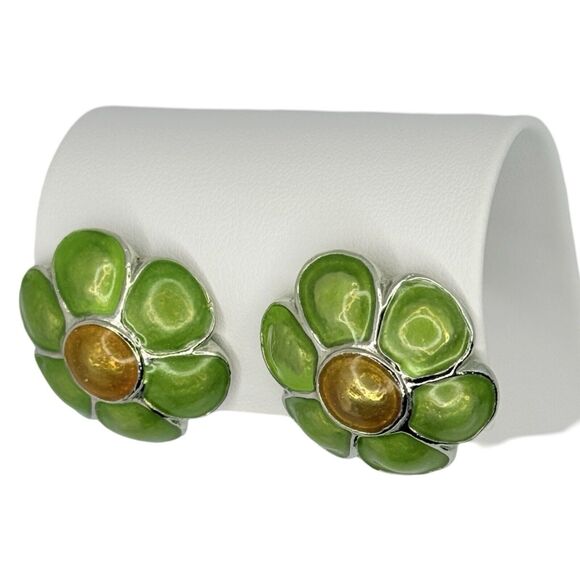 VTG Green Daisy Flower Button Clip On Earrrings 1" Silver Tone Spring Jewelry - Picture 8 of 11